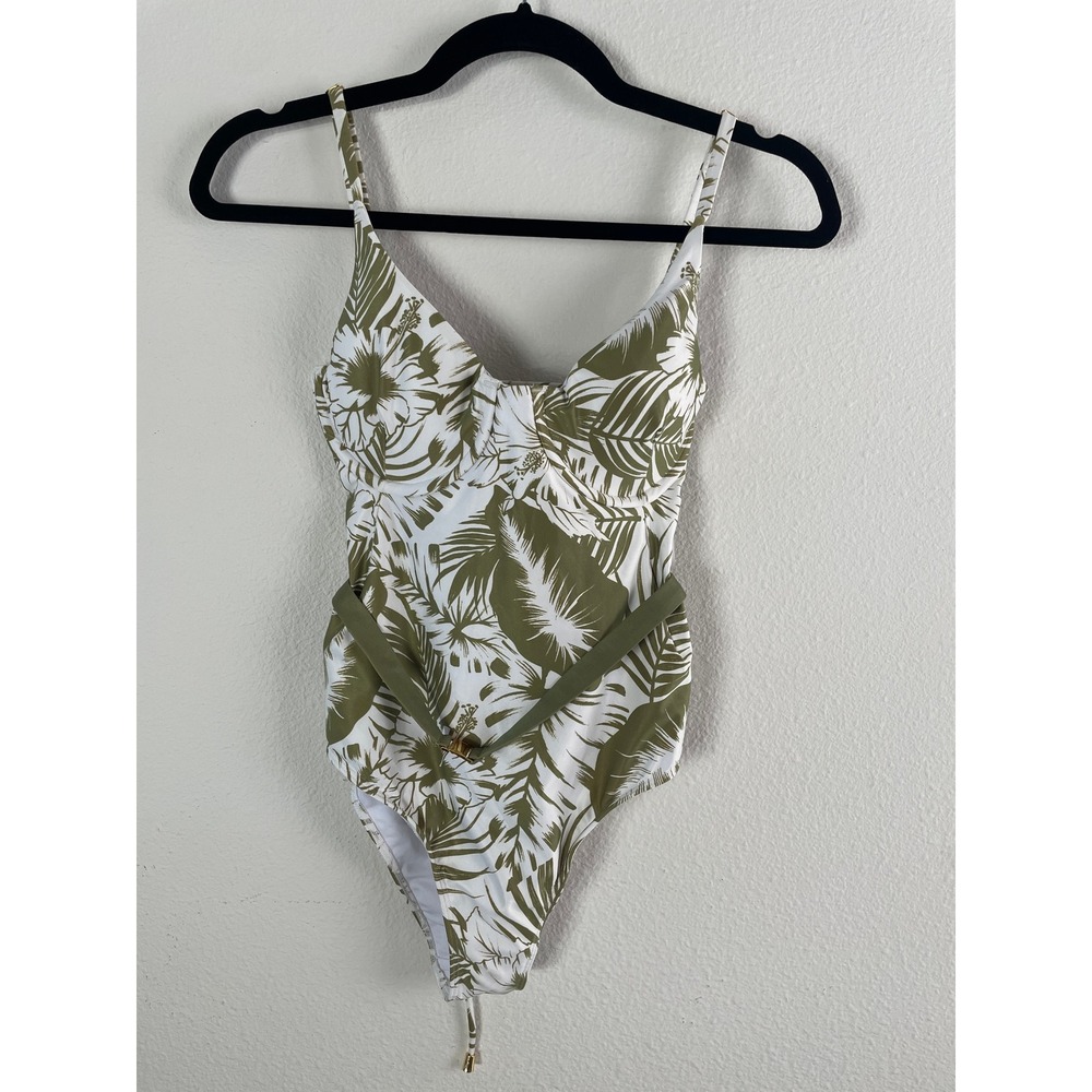 NEW Kenny Flowers Womens Medium Tropical Palm Belted One Piece Swimsuit Green